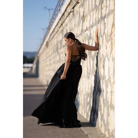 Long black satin dress with...
