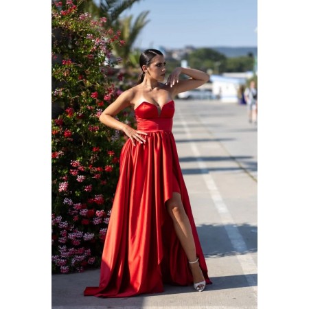 Long red satin dress with...