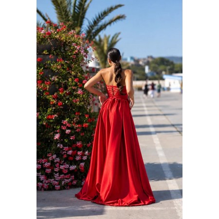 Long red satin dress with...